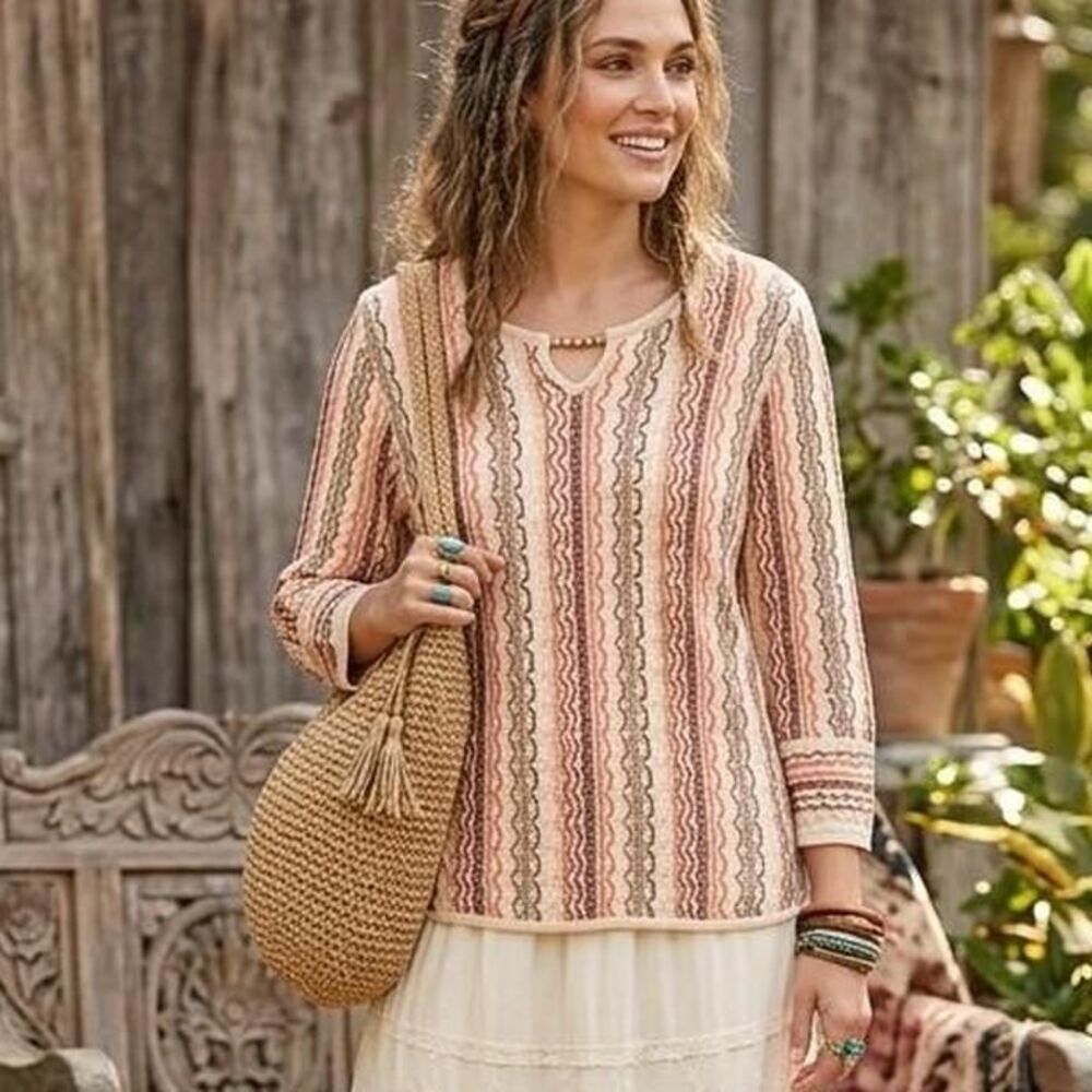 Striped Boho Knit Top small Cottagecore Coastal eclectic earthy embroidered